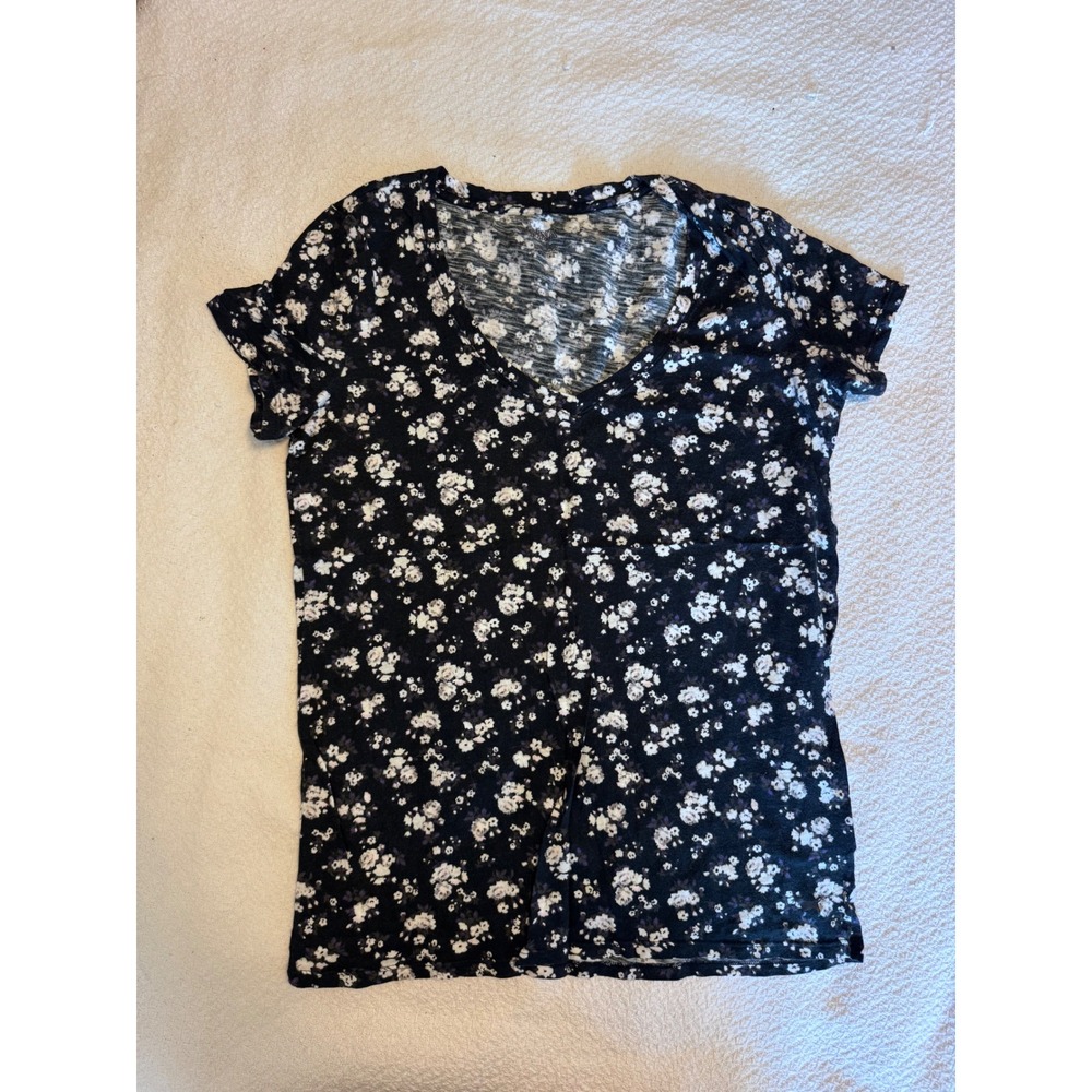 Victoria's Secret PINK Black White Floral V-Neck Short Sleeve T-Shirt Small